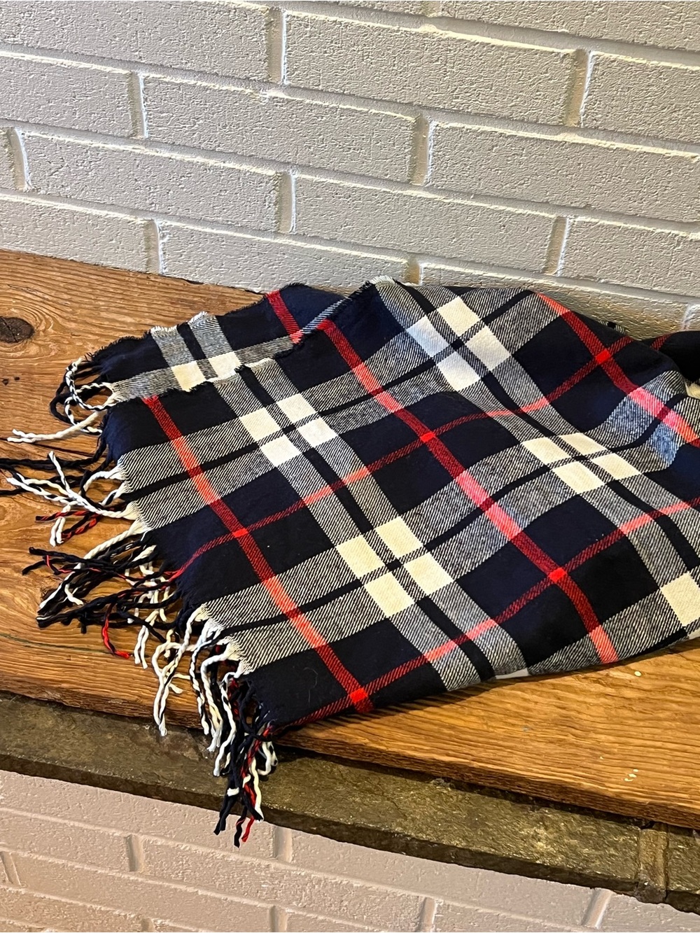 J. Crew black, White & Red Plaid Fringe Scarf